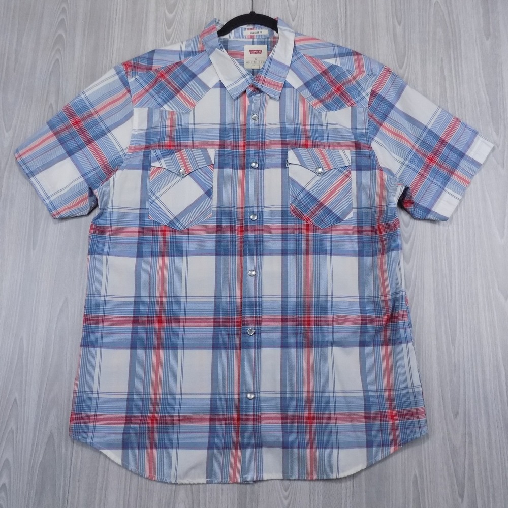 Levi's Western Short Sleeve Shirt Mens XL Blue Red Plaid Pearl Snap Cowboy EUC